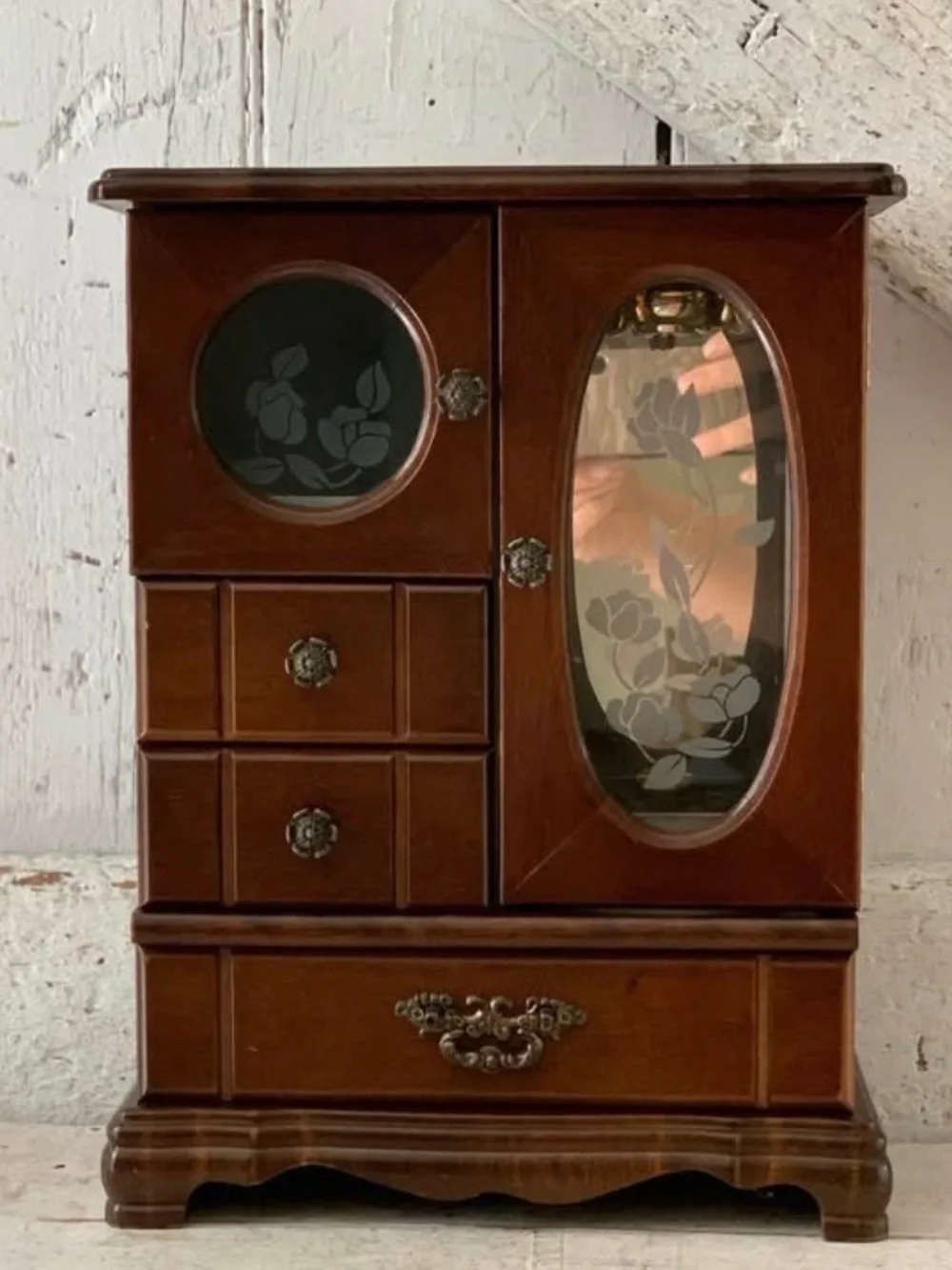 Vintage Brown Wooden Jewelry Armoire with Etched Glass